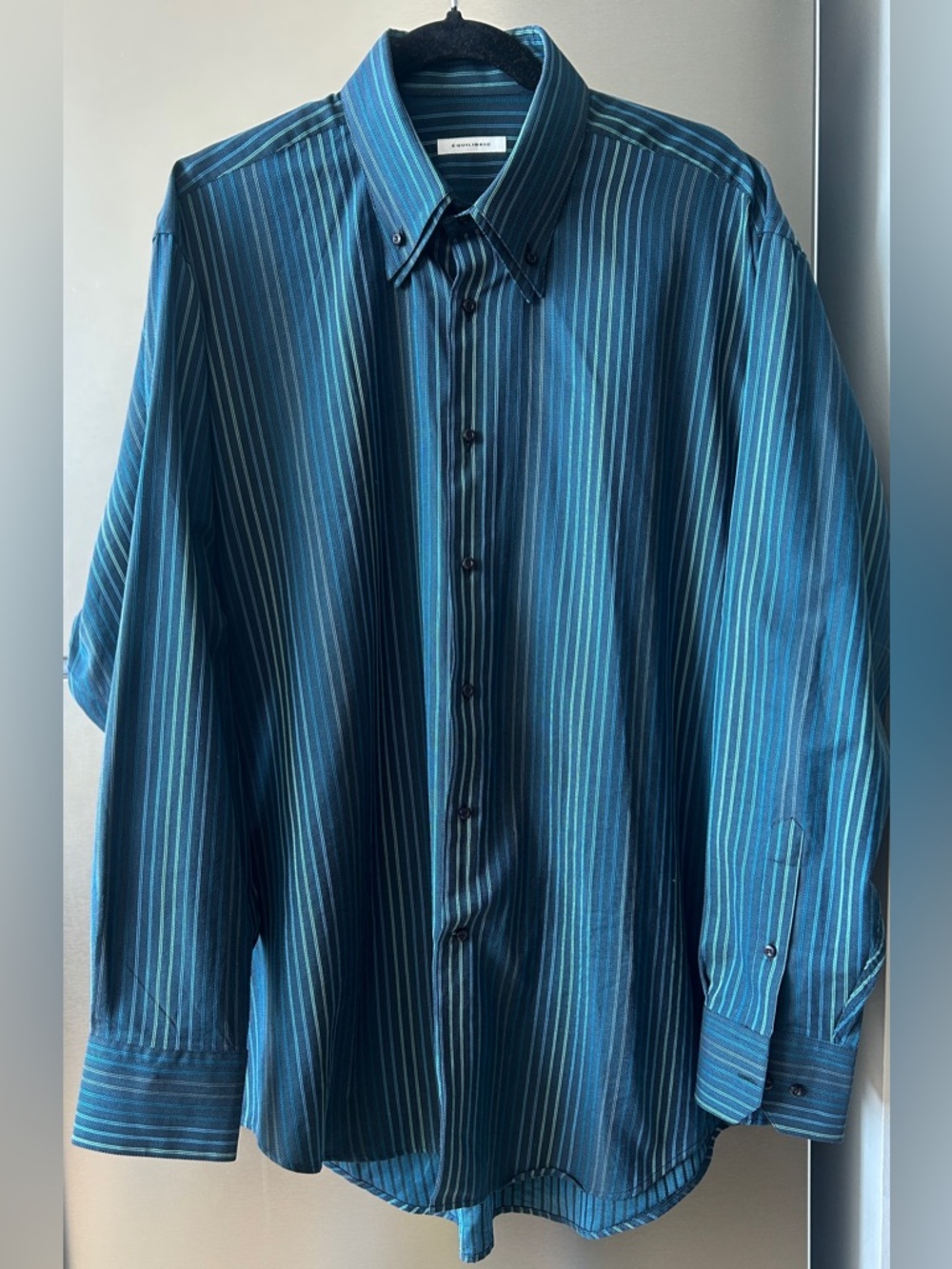 Equilibrio Striped Button Down Shirt XL Blue Green Cotton Long Sleeve